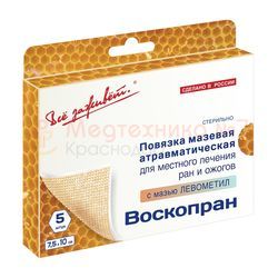 Повязка на рану Воскопран Левометил 7,5х10 см, мазевая, сетчатая