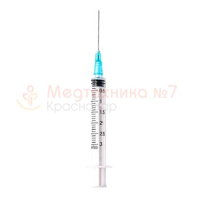 Шприц трехкомпонентный 3 мл с иглой 23Gх1 1/4" (0,6х30 мм), ТЕТ-А-ТЕТ