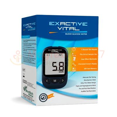 Глюкометр Exactive Vital с ланцетами и прокалывателем упакован в картонную коробку